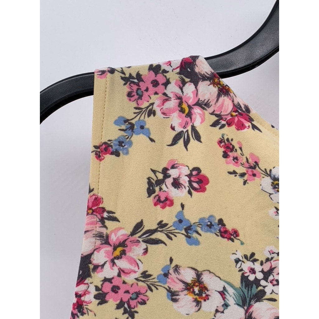 NO COMMENT NY LA Women's Tan Floral V-Neck Cutout Sleeveless Top SZ L