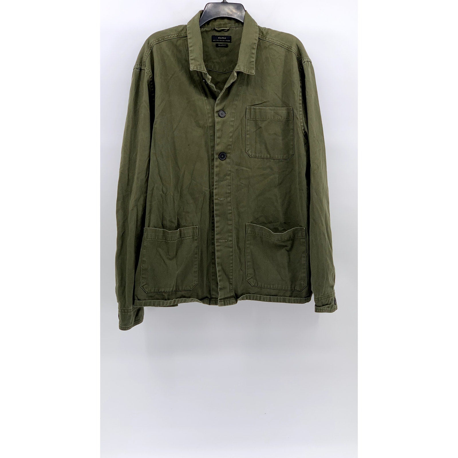 ZARA Men's Olive Green Relaxed Fit Long Sleeve Button-Up Shirt SZ XL