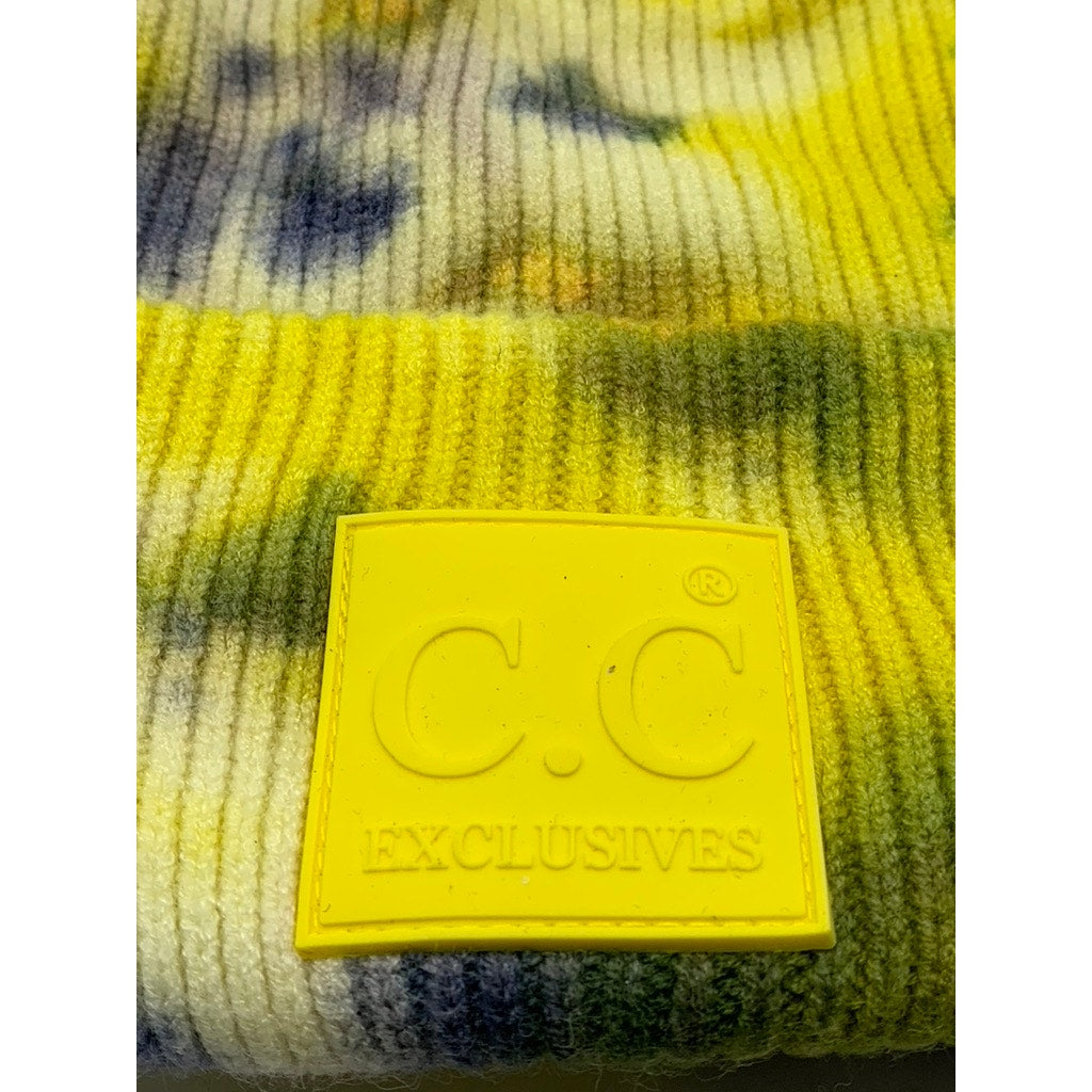 C.C Women's Yellow/Gray Tie-Dye Patch Logo Ribbed Beanie OS