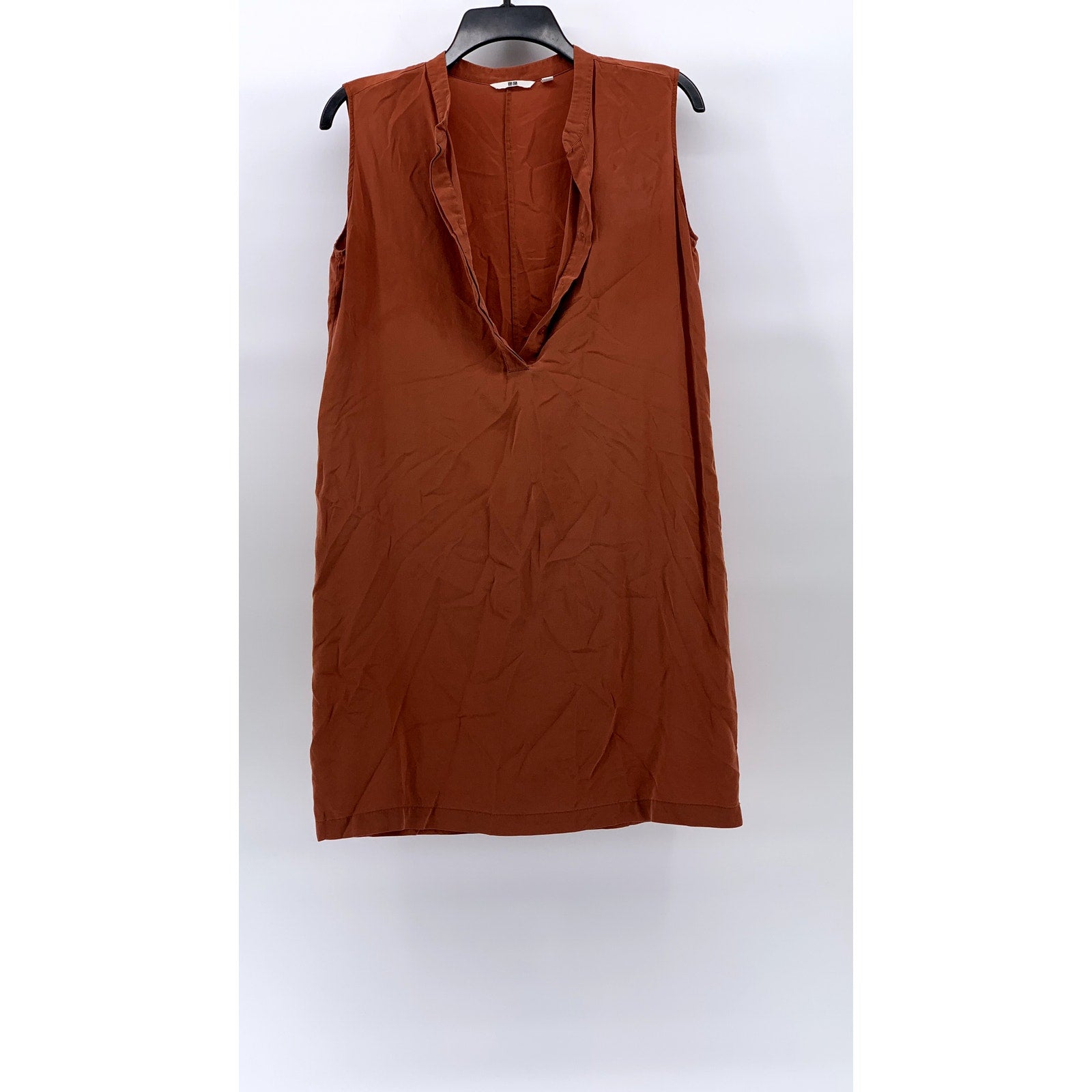 UNIQLO Women's Rust Orange Silk Spilt-Neck Sleeveless A-Line Mini Dress SZ S