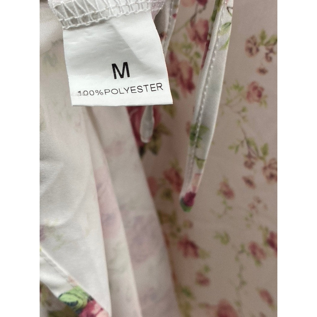 UNBRANDED Women's White-Pink Floral Sweetheart-Neck Side Slit Maxi Dress SZ M