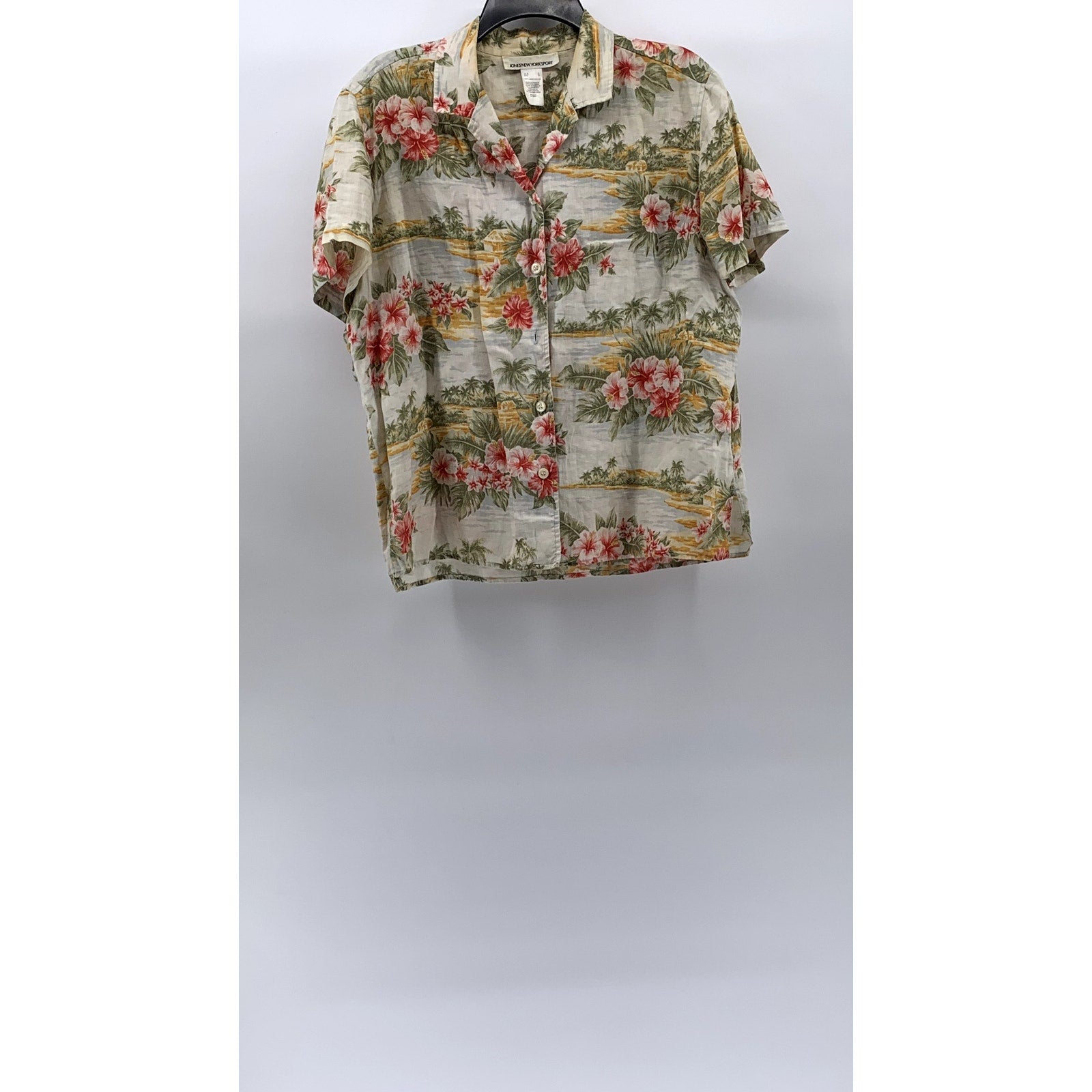 JONES NEW YORK SPORT Women's Tan Linen Floral Button-Up Short Sleeve Top SZ L