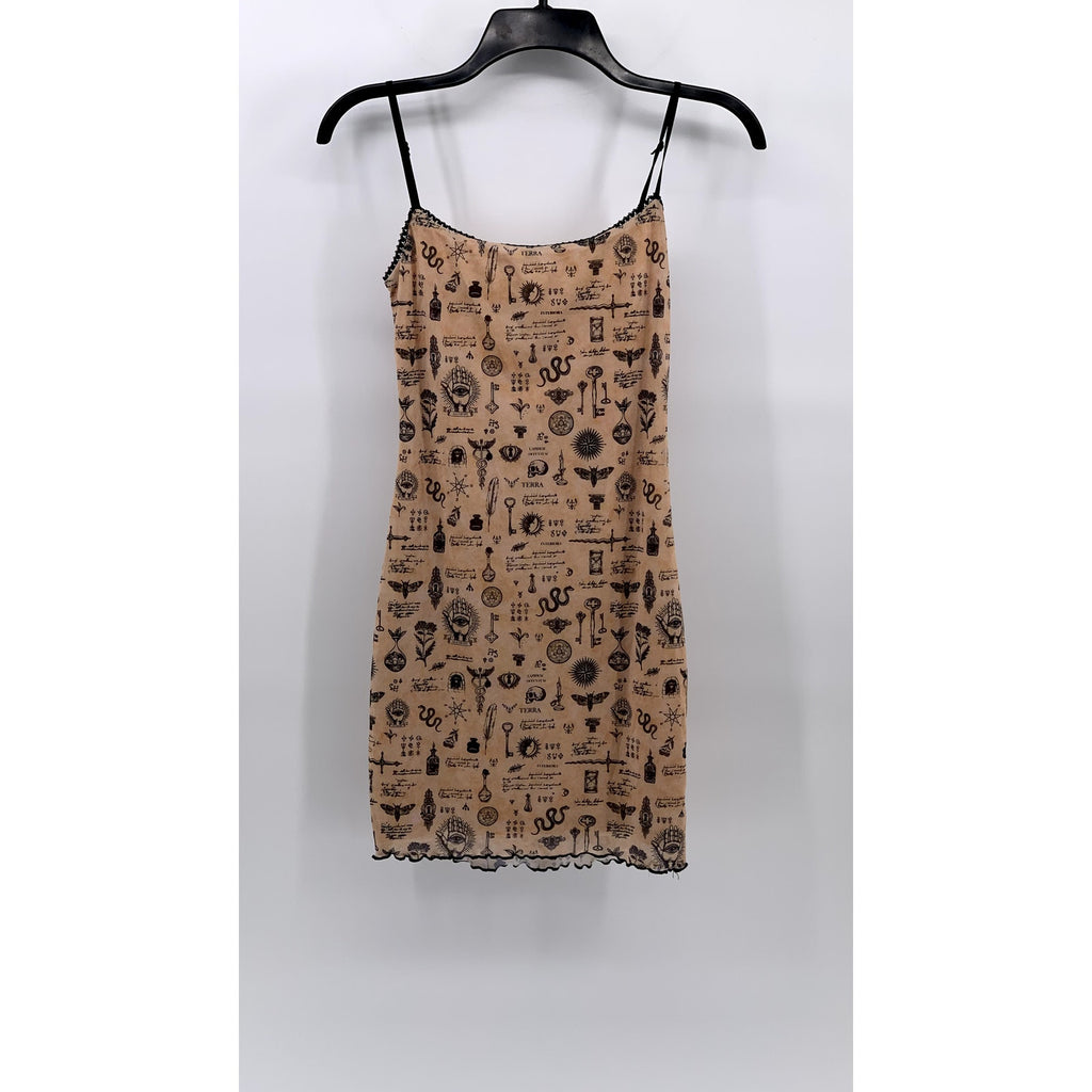 PRINCESS POLLY Women's Black-Beige Printed Scoop-Neck Spaghetti Strap Dress SZ 4