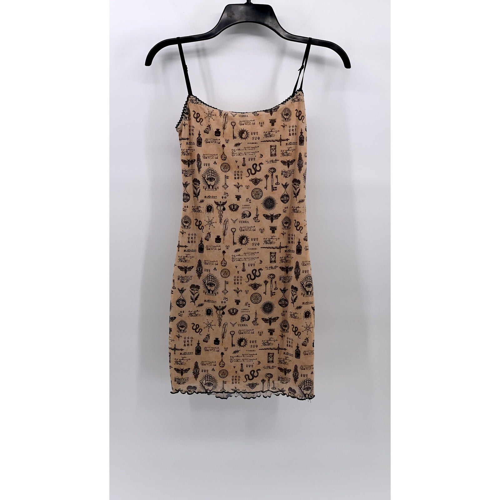 PRINCESS POLLY Women's Black-Beige Printed Scoop-Neck Spaghetti Strap Dress SZ 4