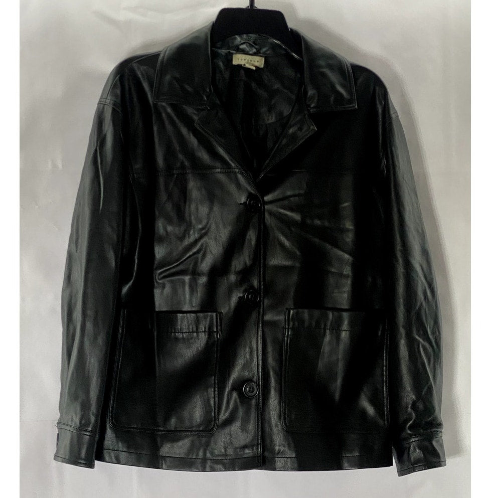 TOPSHOP Women's Black Faux-Leather Button-Up Long Sleeve Boxy Jacket SZ 4