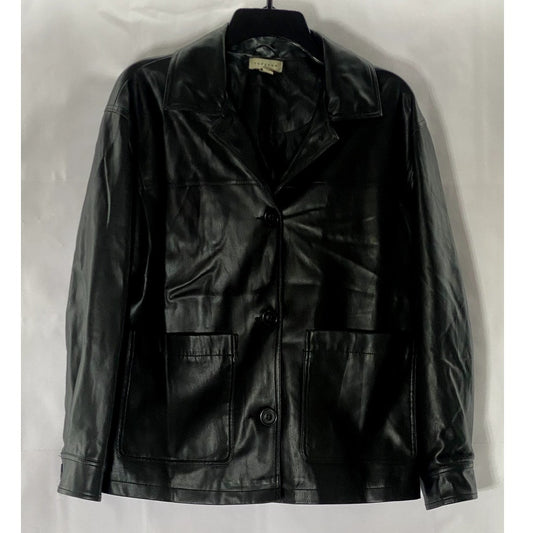 TOPSHOP Women's Black Faux-Leather Button-Up Long Sleeve Boxy Jacket SZ 4