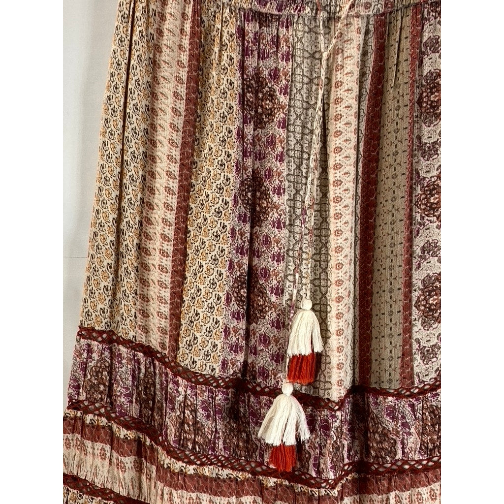 URBAN OUTFITTERS Women's Tan Esme Patch Printed Boho Tassel Maxi Skirt SZ L