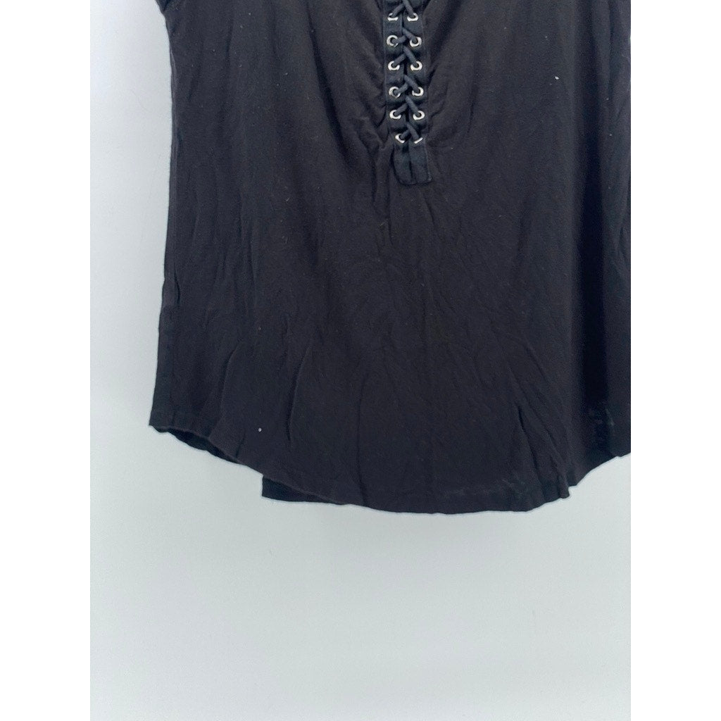 DEX Women’s Black Lace-Up Crewneck Short Sleeve Top SZ S