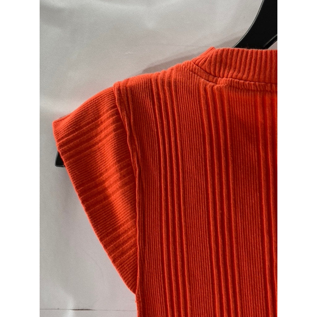 ZARA Women's Orange Rib Knit Crewneck Cap Short Sleeve Mini A-Line Dress SZ M