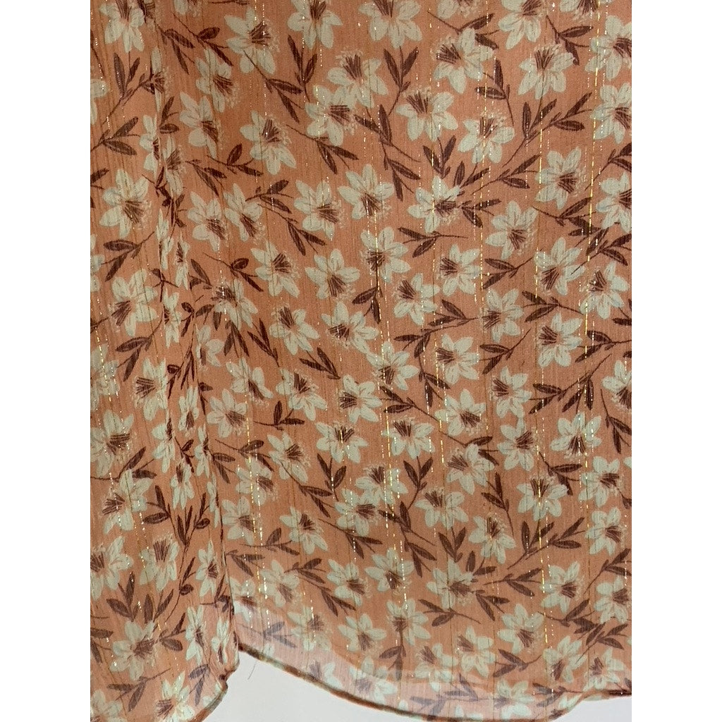 REBECCA TAYLOR Women's Peach Floral Metallic V-Neck Ruffle Short Sleeve Top SZ 2