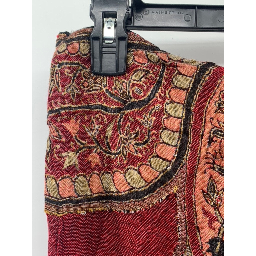UNBRANDED Women's Brown-Orange Paisley Fringe Knit Shawl