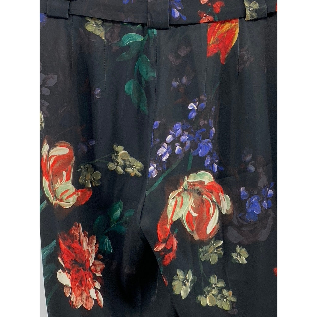 EXPRESS Women's Black Floral Print Belted Tapered Paperbag Pants SZ 4