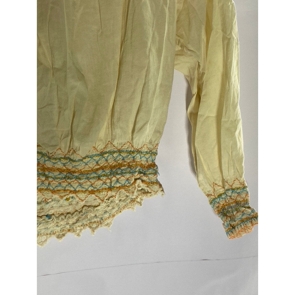 WHAT GOES AROUND COMES AROUND Women's Beige Embroidered Long SleeveTop SZ S