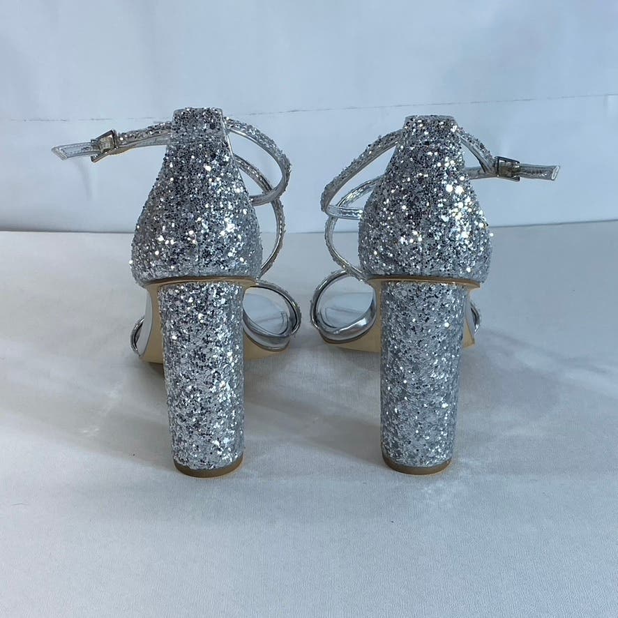 NINE WEST Women's Silver Celebra Sequin Ankle Strap Heeled Sandals SZ 7