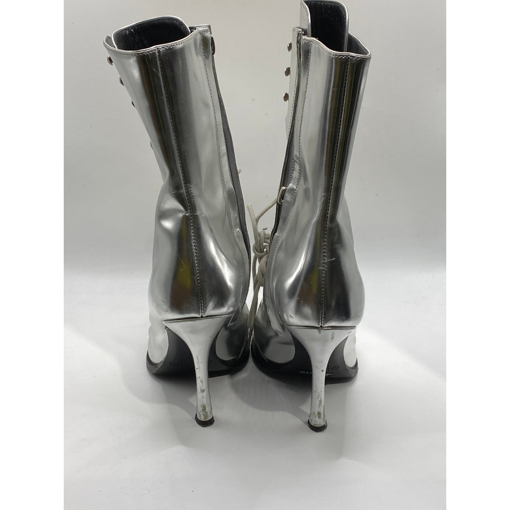 CALVIN KLEIN Women's Silver Metallic Windora Mid Lace-Up Grunge Boots SZ 5