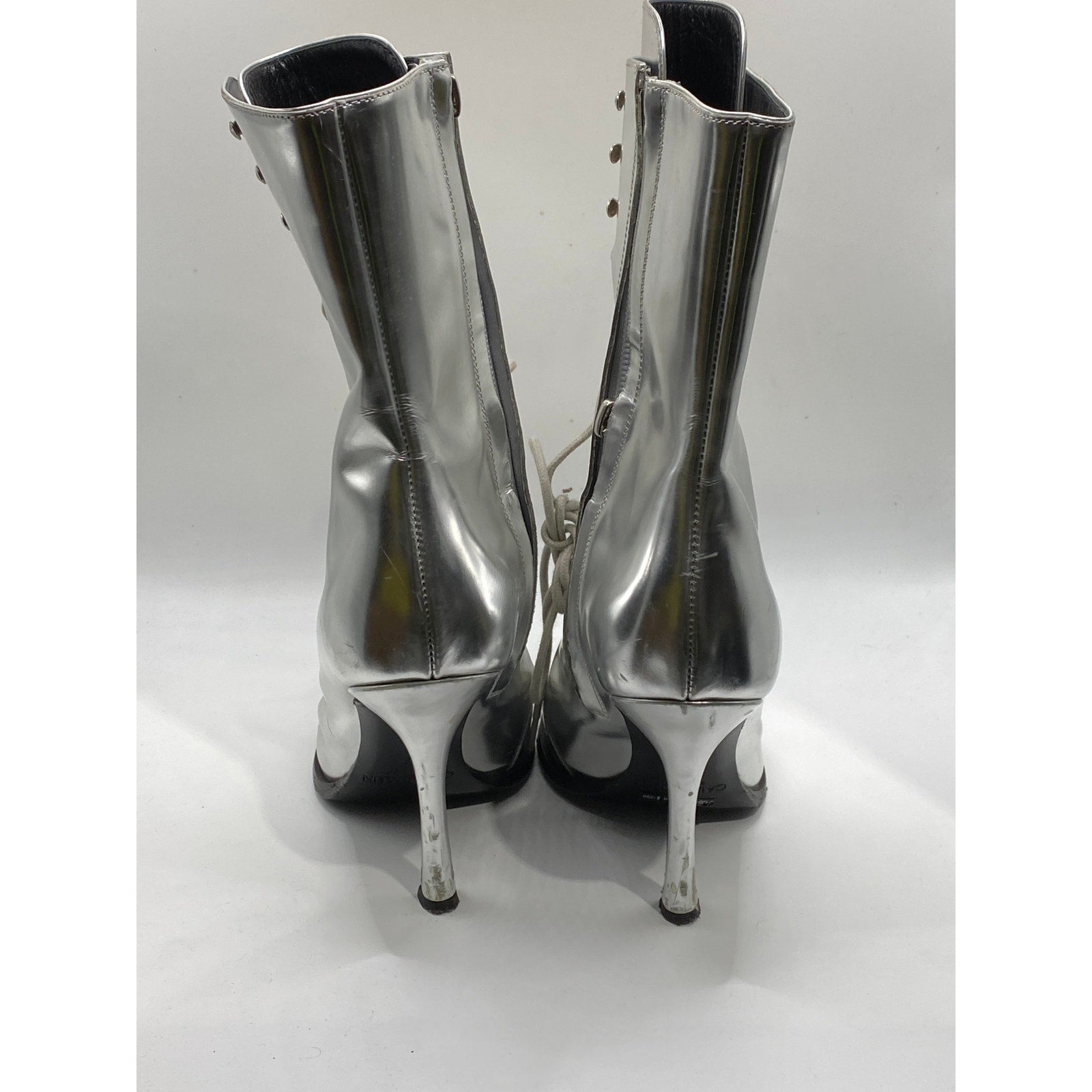 CALVIN KLEIN Women's Silver Metallic Windora Mid Lace-Up Grunge Boots SZ 5