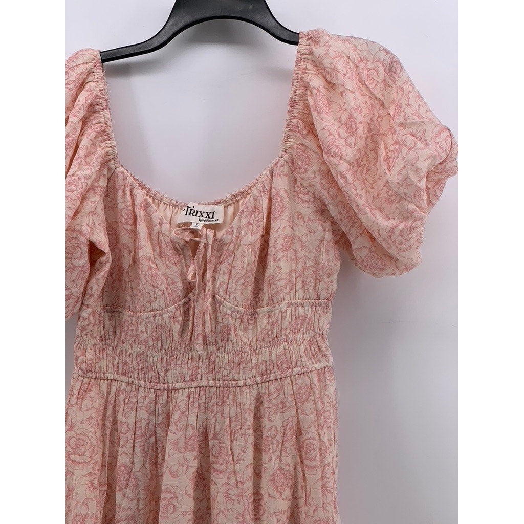 TRIXXI Women's Pink Floral Smocked V-Neck Maxi Dress SZ S