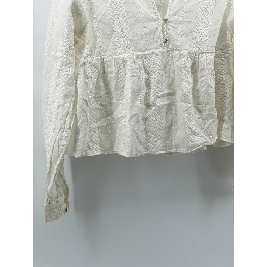 NIC & JO Women's White Embroidered Eyelet V-Neck Long Sleeve Ruffle-Hem Top SZ M