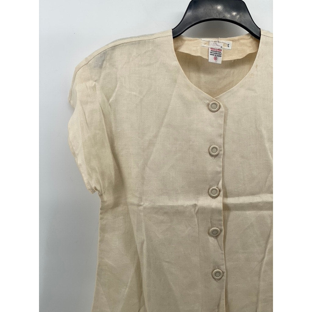 UNBRANDED Women's Beige Linen Short Sleeve Button-Up Top SZ 4