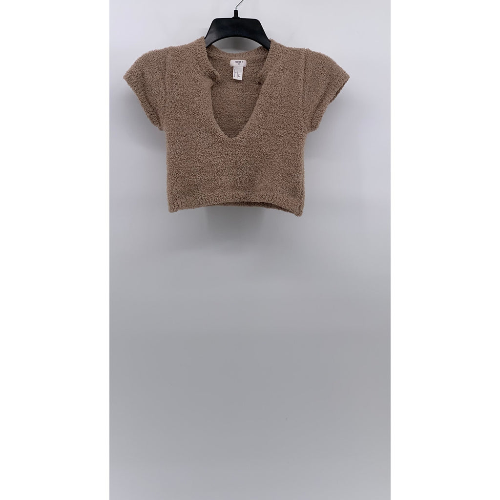 FOREVER 21 Women's Brown Teddy Split-Neck Short Sleeve Crop Top SZ S