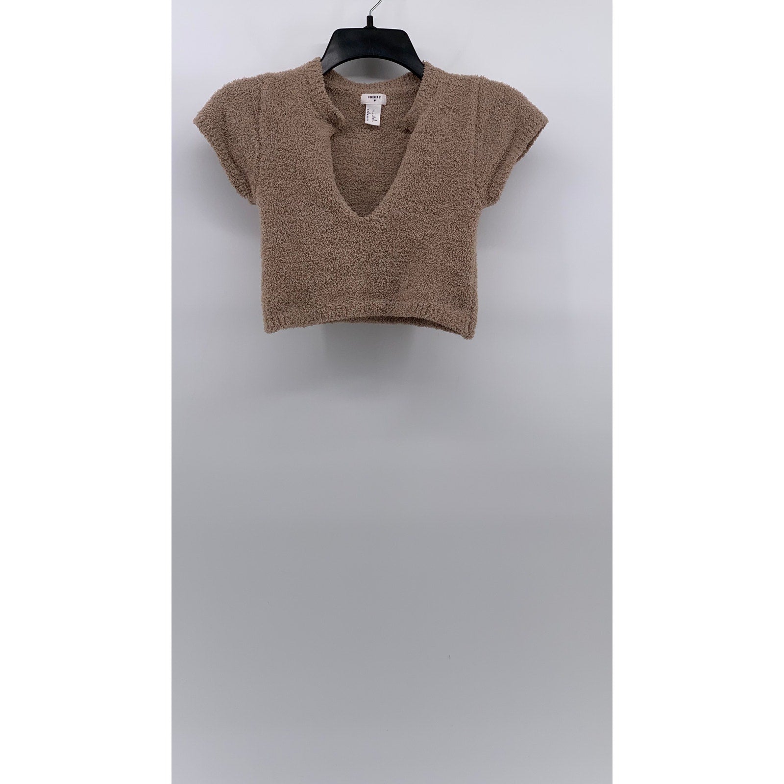 FOREVER 21 Women's Brown Teddy Split-Neck Short Sleeve Crop Top SZ S