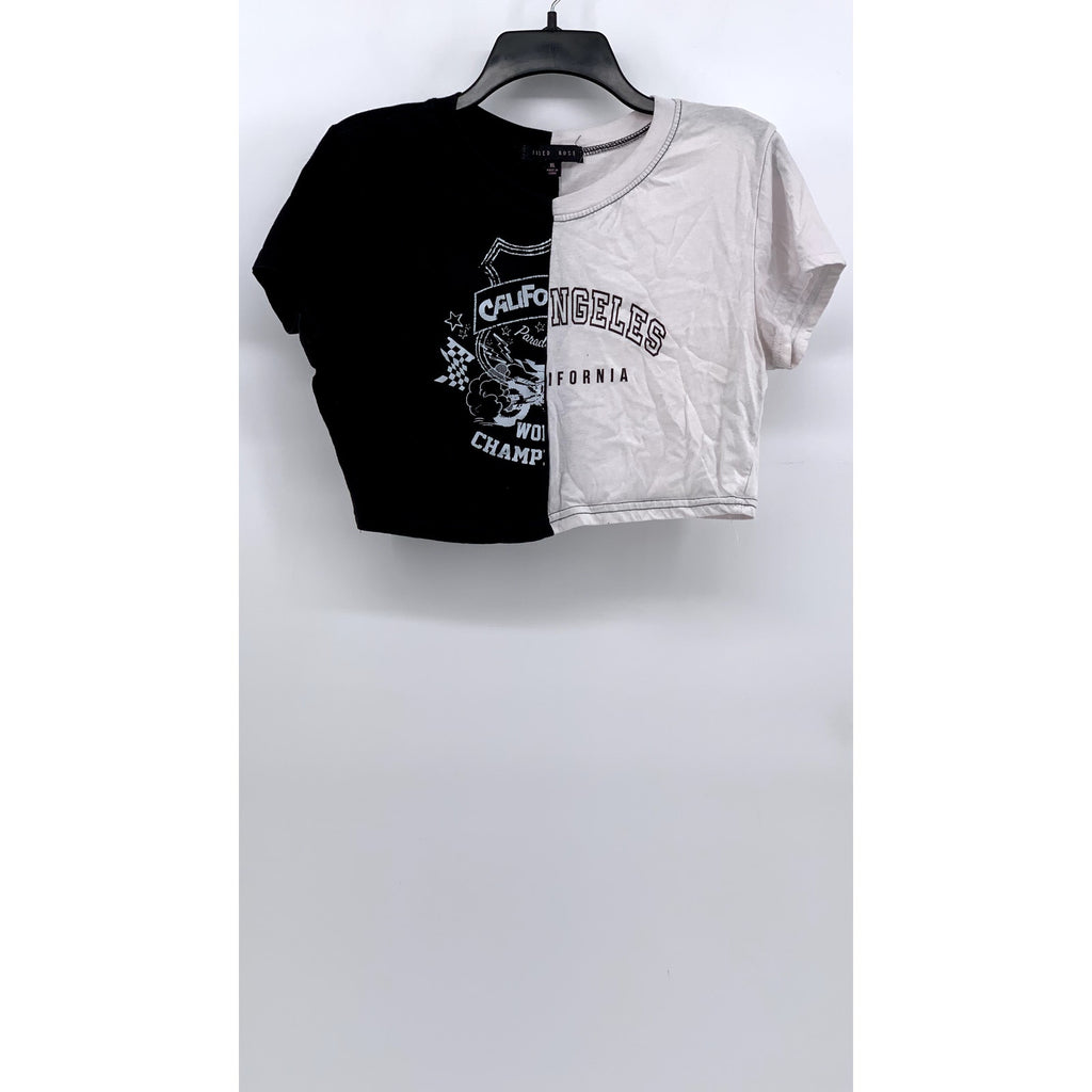 FADED ROSE Women's Black-White Color Block Short Sleeve Cropped Top SZ XL