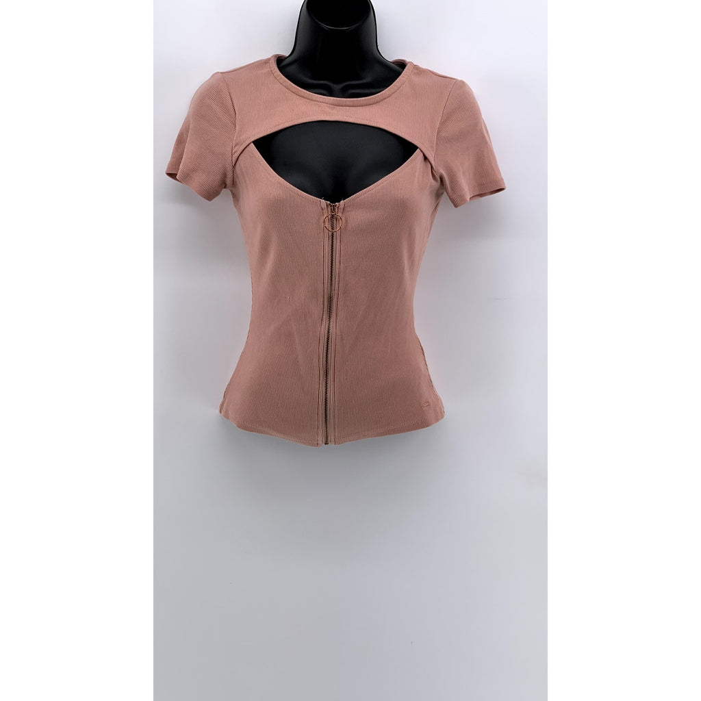 GUESS Women's Light Pink Ribbed Cutout Zip-Up Short Sleeve Top SZ S