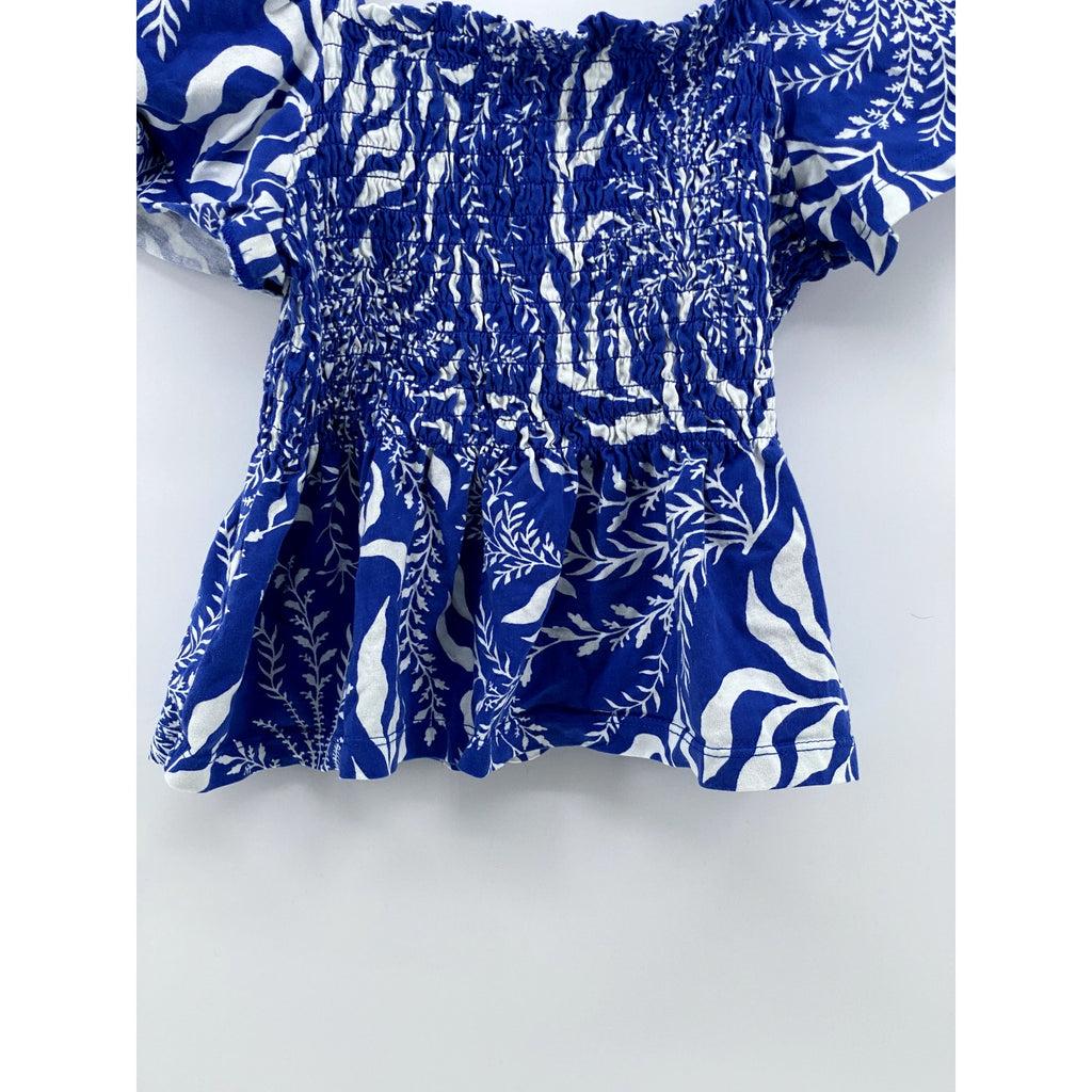 UNBRANDED Women's Dark Blue Printed Smocked Puff Short Sleeve Top SZ S