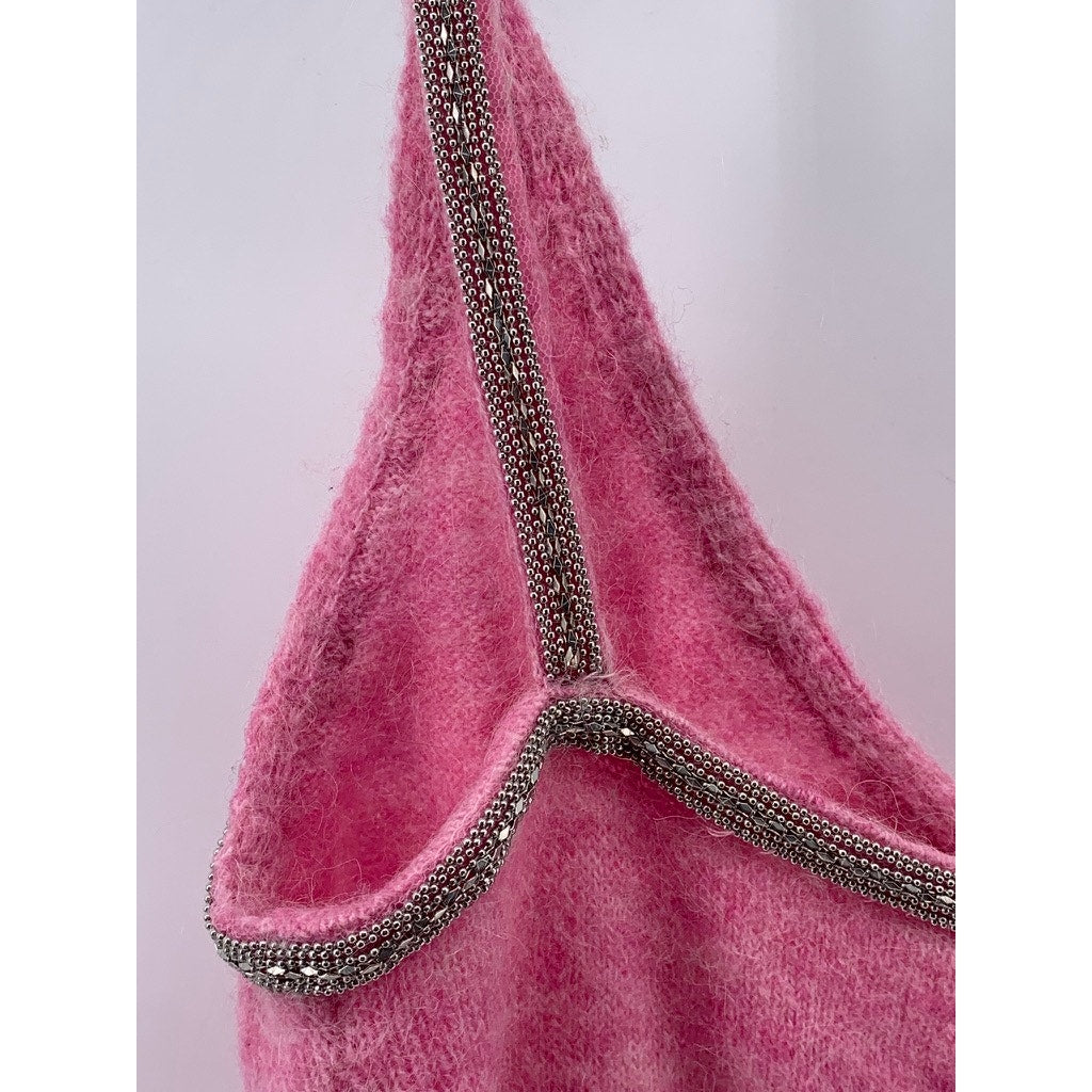 ZARA Women's Pink V-Neck Alpaca-Wool Blend Embellished A-Line Mini Dress SZ L