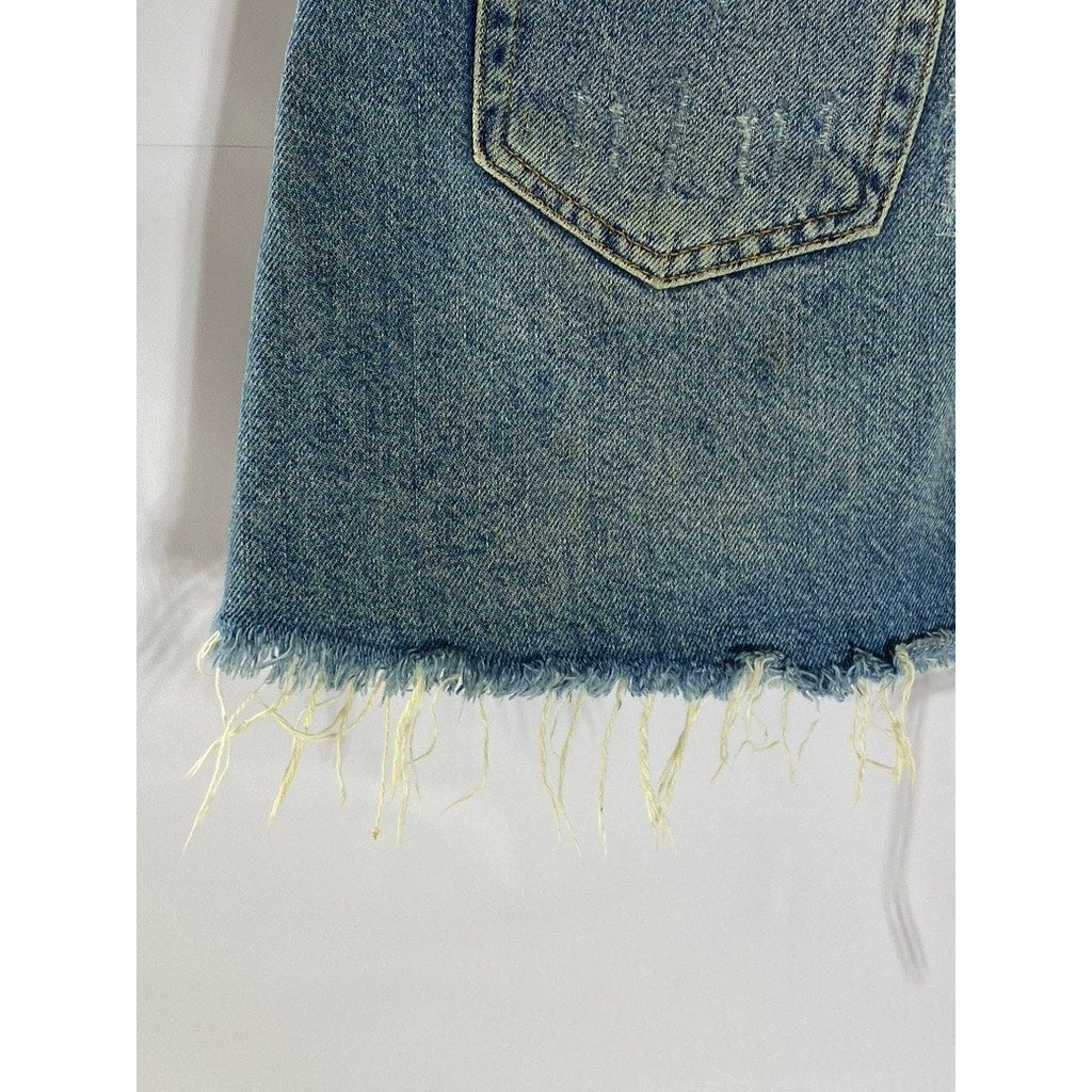 WE THE FREE Women's Blue Denim Distressed Raw-Hem Button-Fly Mini Skirt SZ 28