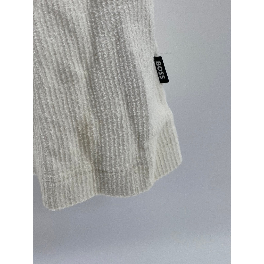 HUGO BOSS Men's Off-White Textured Regular-Fit Button-Up Short Sleeve Shirt SZ L