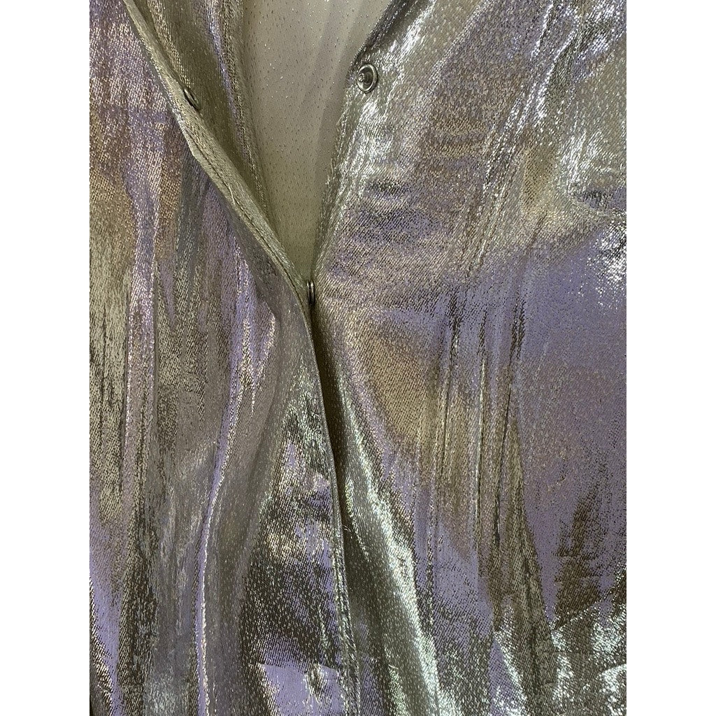 H&M Women’s Silver Silk-Blend Metallic Shimmering Button-Up Long Sleeve Top SZ 4