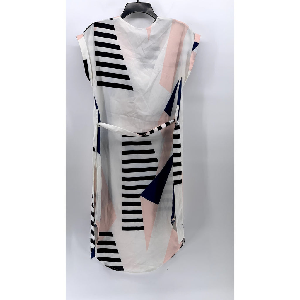 UNBRANDED Women's White-Pink-Black V-Neck Cuffed Slip A-Line Belted Dress SZ S