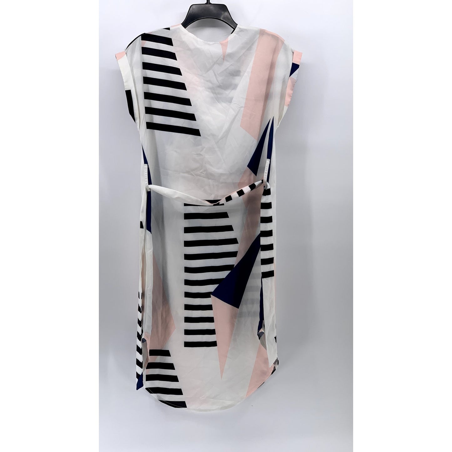 UNBRANDED Women's White-Pink-Black V-Neck Cuffed Slip A-Line Belted Dress SZ S