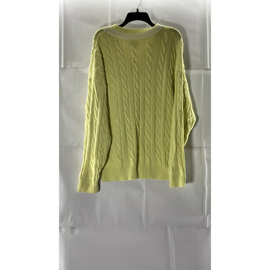 TNA ARITZIA Women's Yellow Cable-Knit V-Neck Dropped-Shoulder Clay Sweater SZ L
