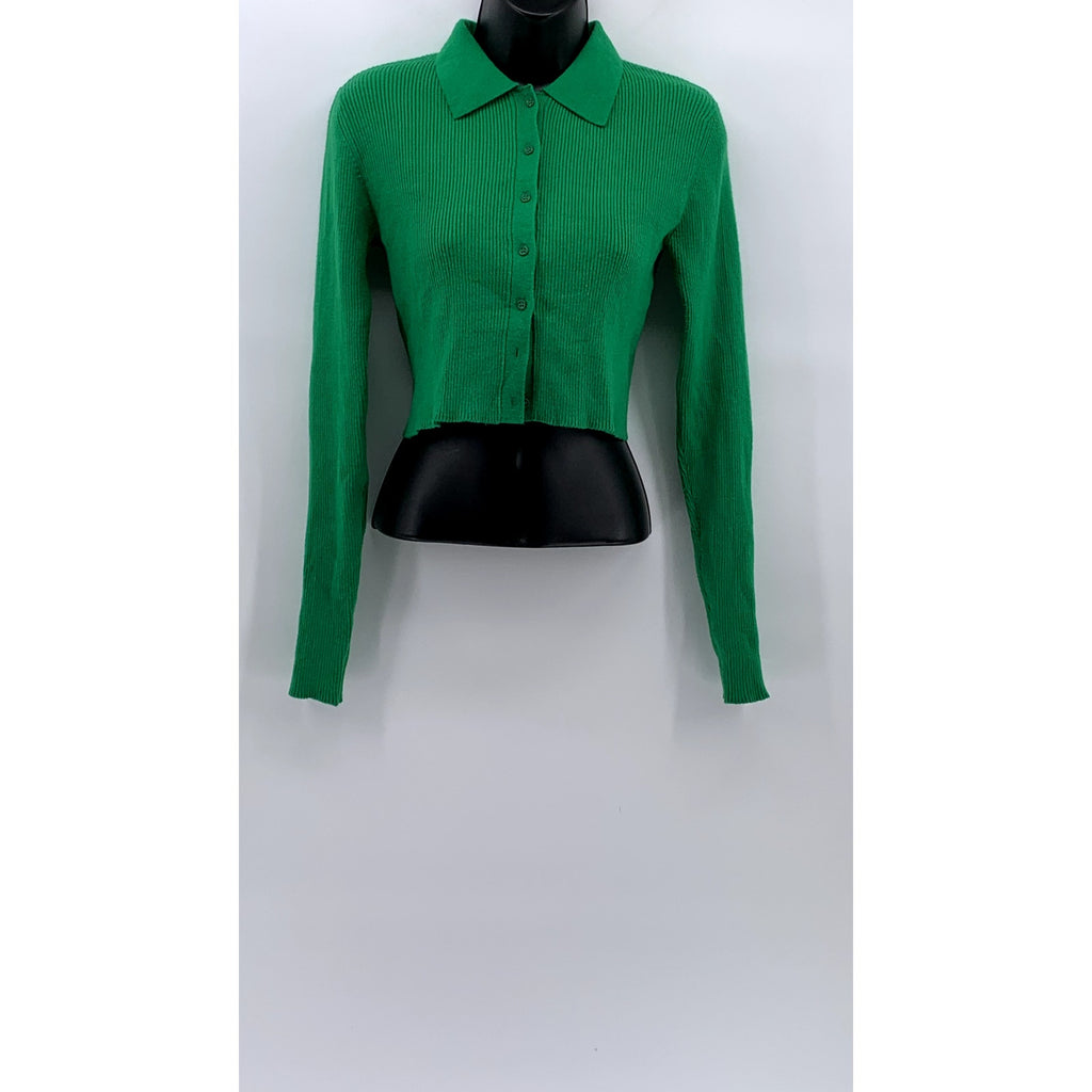 TWIN Women's Dark Green Ribbed Button-Up Long Sleeve Cropped Top SZ M