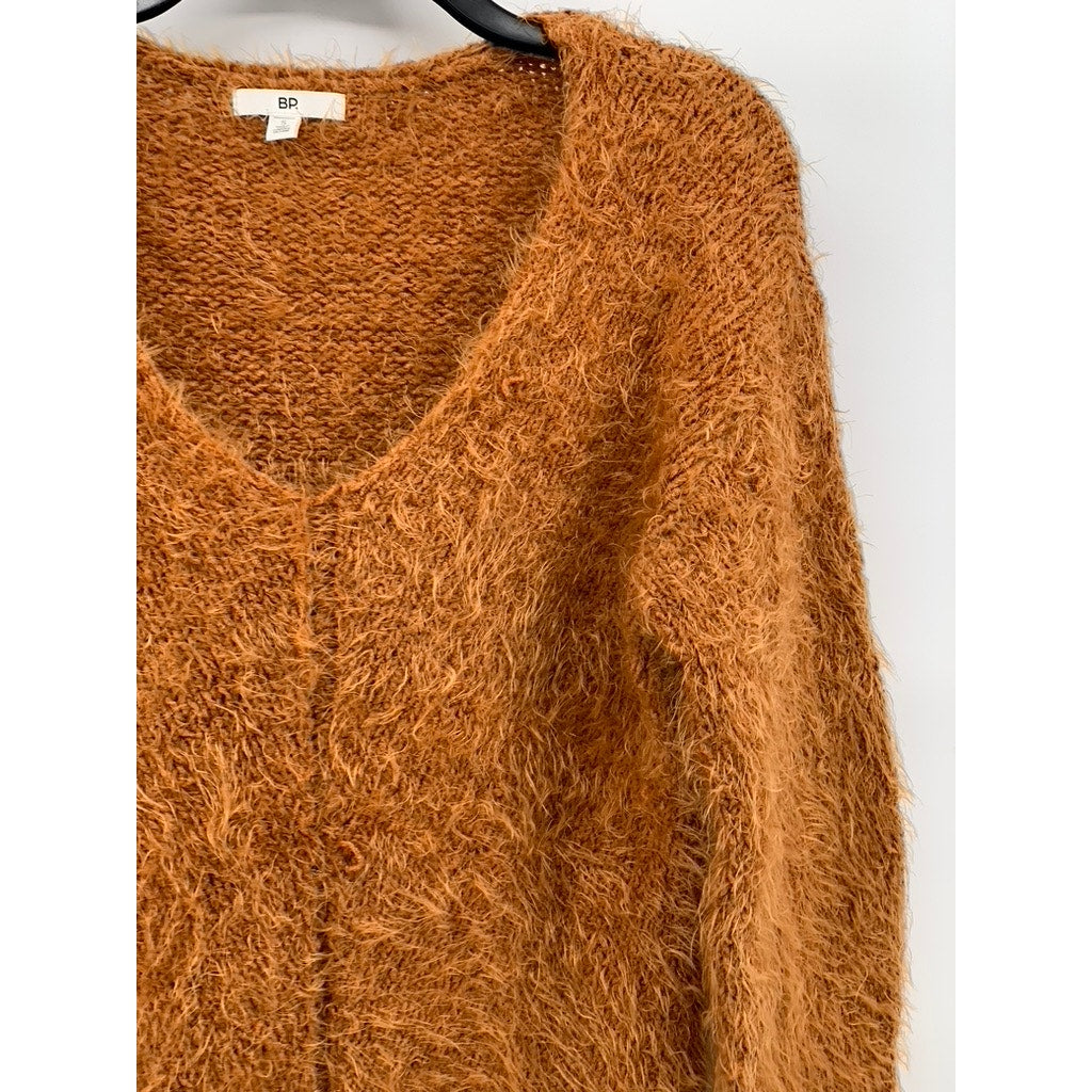 BP Women's Camel Brown V-Neck Fuzzy Long Sleeve Pullover Sweater SZ S