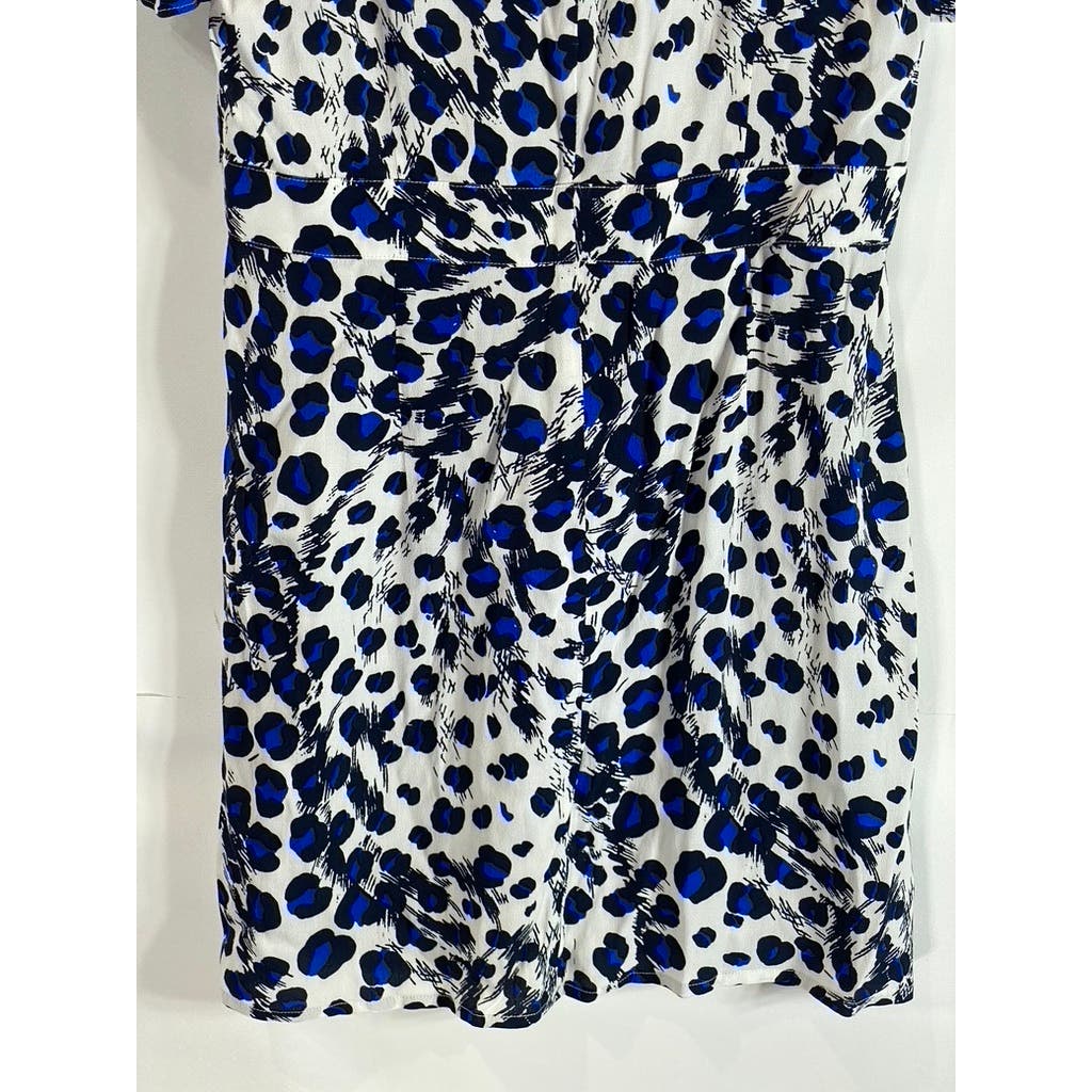 WHISTLES Women's Blue Brushed Leopard Button V-Neck Short Sleeve Dress SZ 8