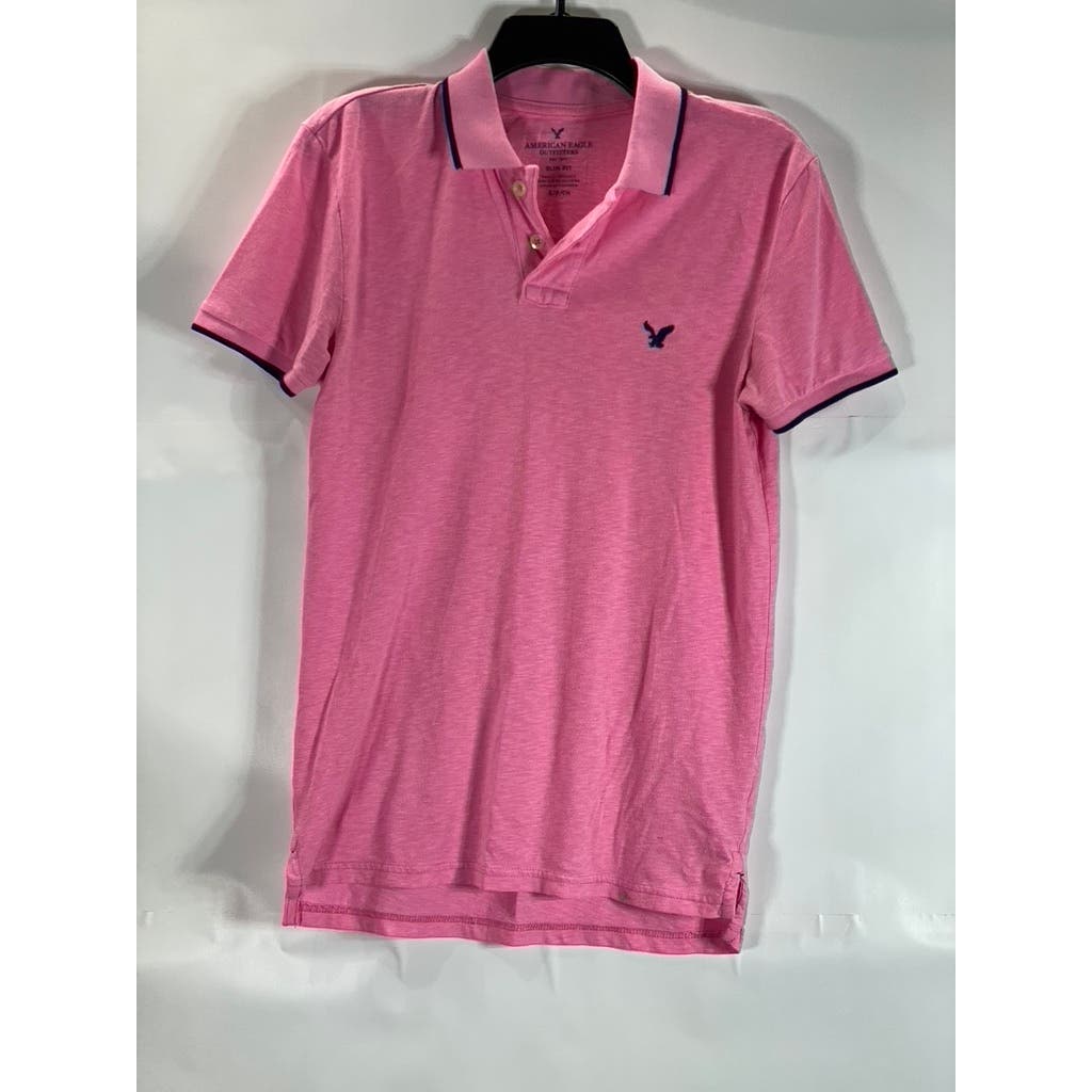 AMERICAN EAGLE OUTFITTERS Men's Pink Slim-Fit Pique Short Sleeve Polo Shirt SZ S