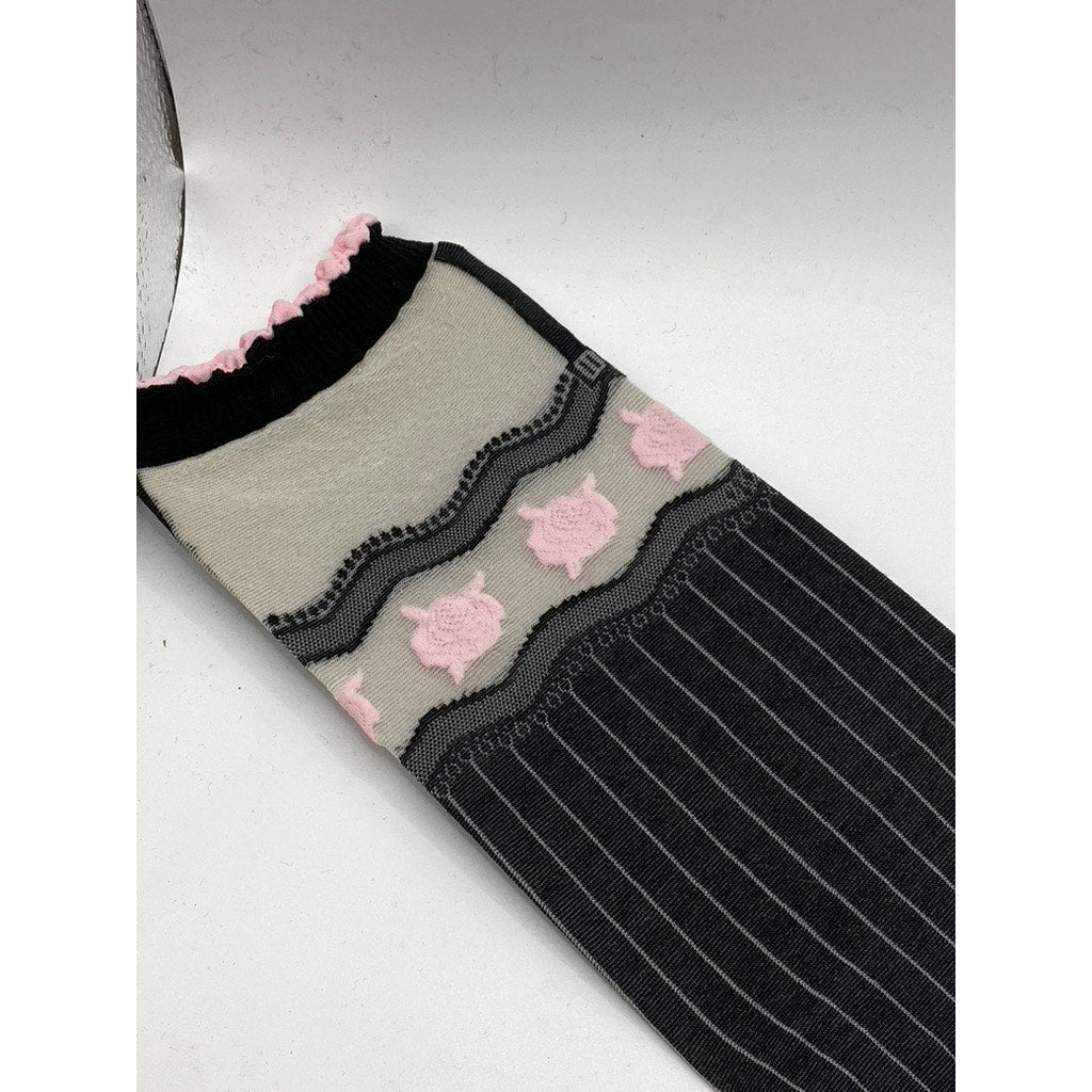 FRENCH CURVE Women's Black-White-Pink Striped Semi Sheer Socks SZ OS