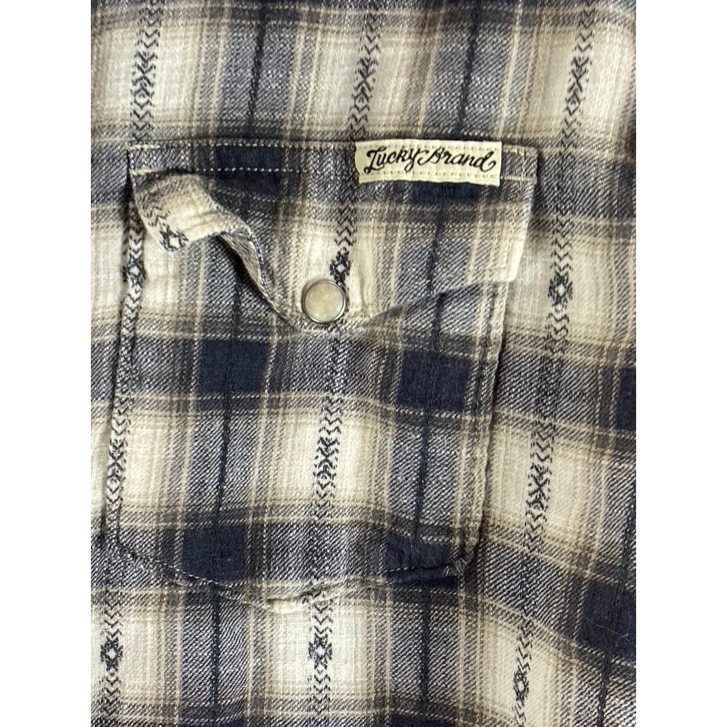 LUCKY BRAND Men's Cream/Gray Plaid Snap Button-Up Long Sleeve Western Shirt SZ L