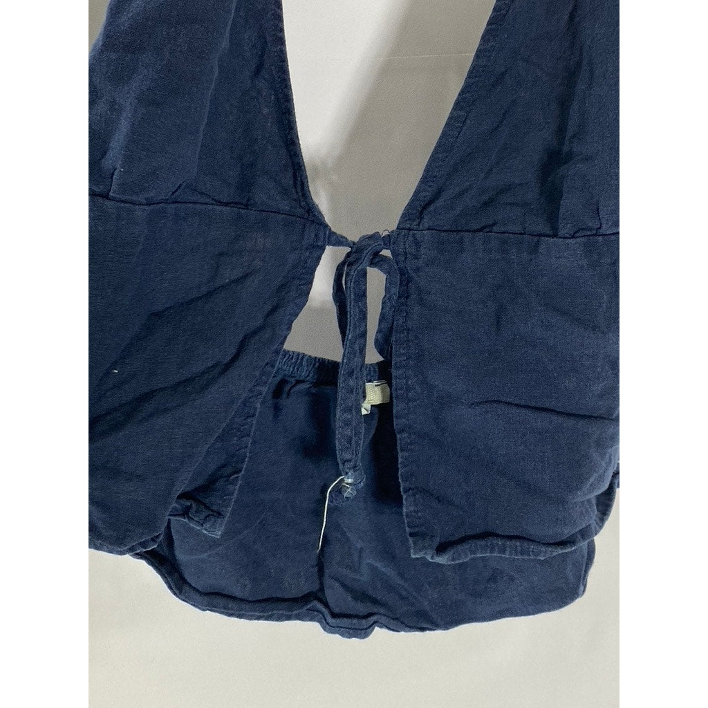 MELVILLE Women's Dark Blue Demin Linen-Blend Tie-Front Halter Crop Top SZ S