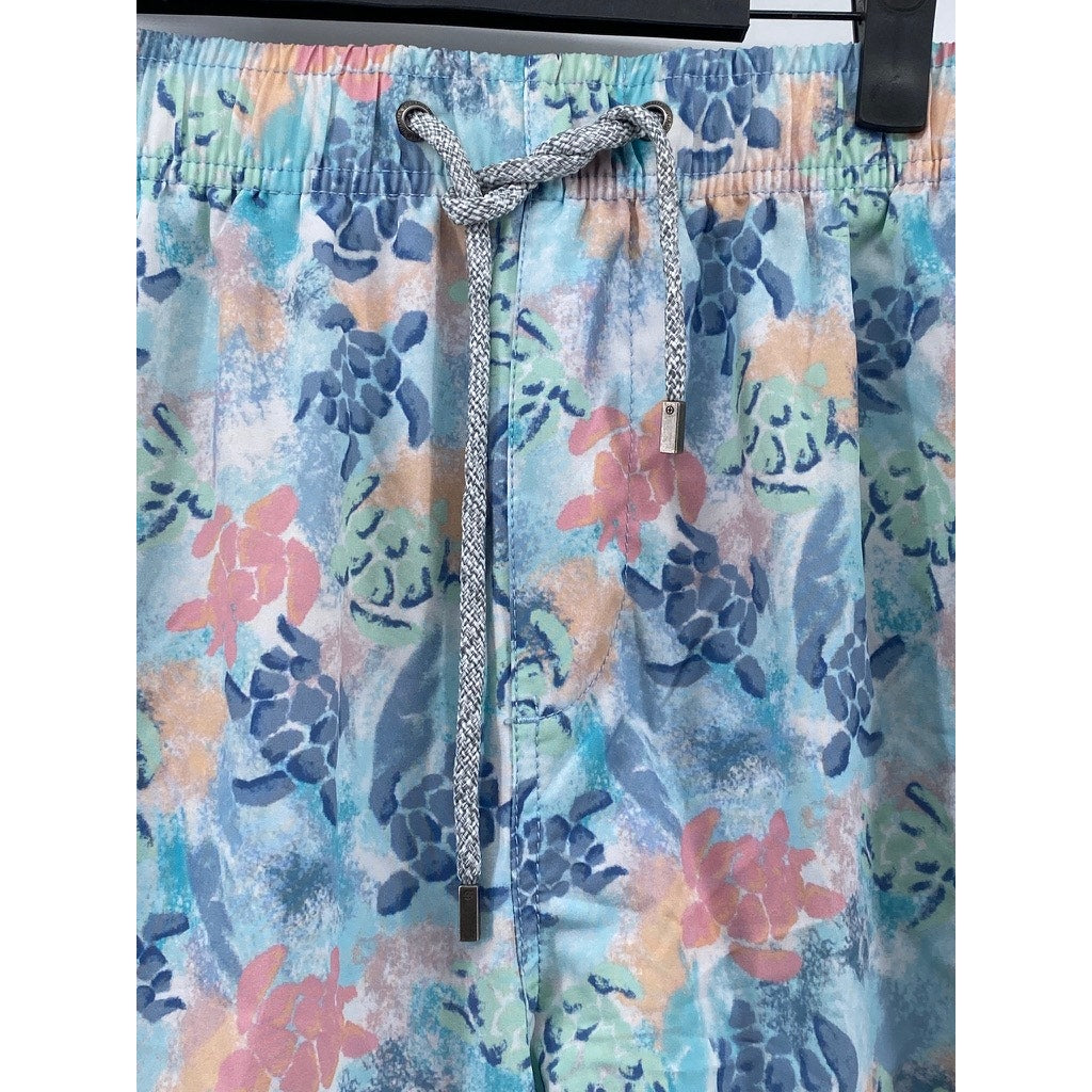 VINTAGE SUMMER Men's Light Blue Turtle Print Drawstring Mesh Swim Shorts SZ M