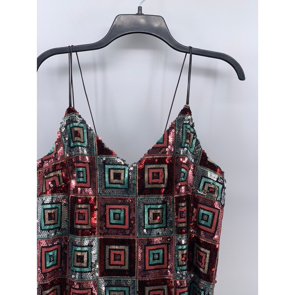 ZARA Women's Black-Multicolor Sequin V-Neck Double-Strap Mini Dress SZ L