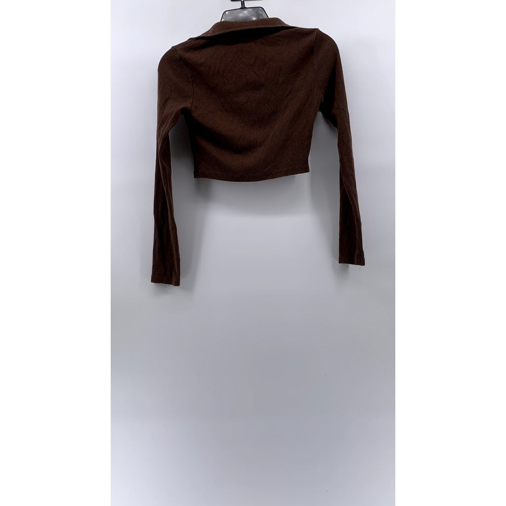 ZARA Women's Brown Ribbed Long Sleeve Casual Polo Crop Top SZ M