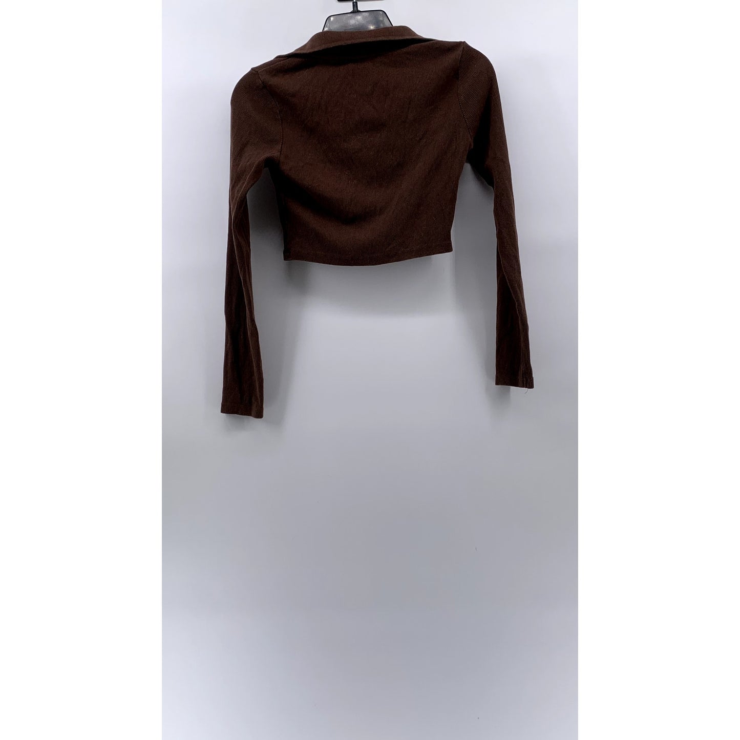 ZARA Women's Brown Ribbed Long Sleeve Casual Polo Crop Top SZ M