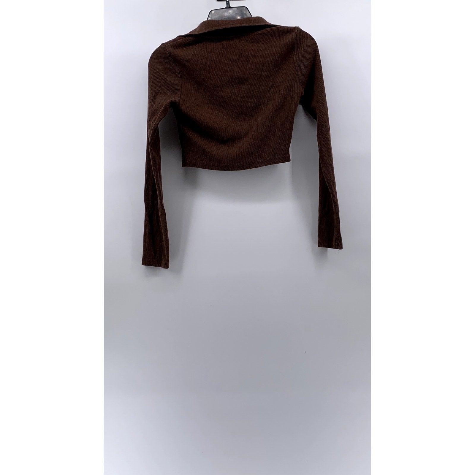 ZARA Women's Brown Ribbed Long Sleeve Casual Polo Crop Top SZ M