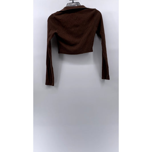 ZARA Women's Brown Ribbed Long Sleeve Casual Polo Crop Top SZ M