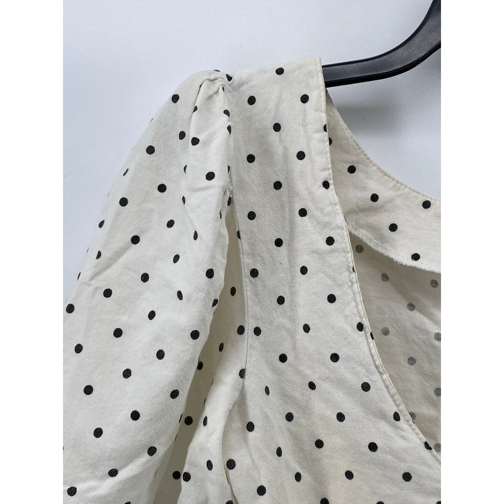UNBRANDED Women's White-Black Micro Dot Print Balloon Sleeve Cropped Top SZ S