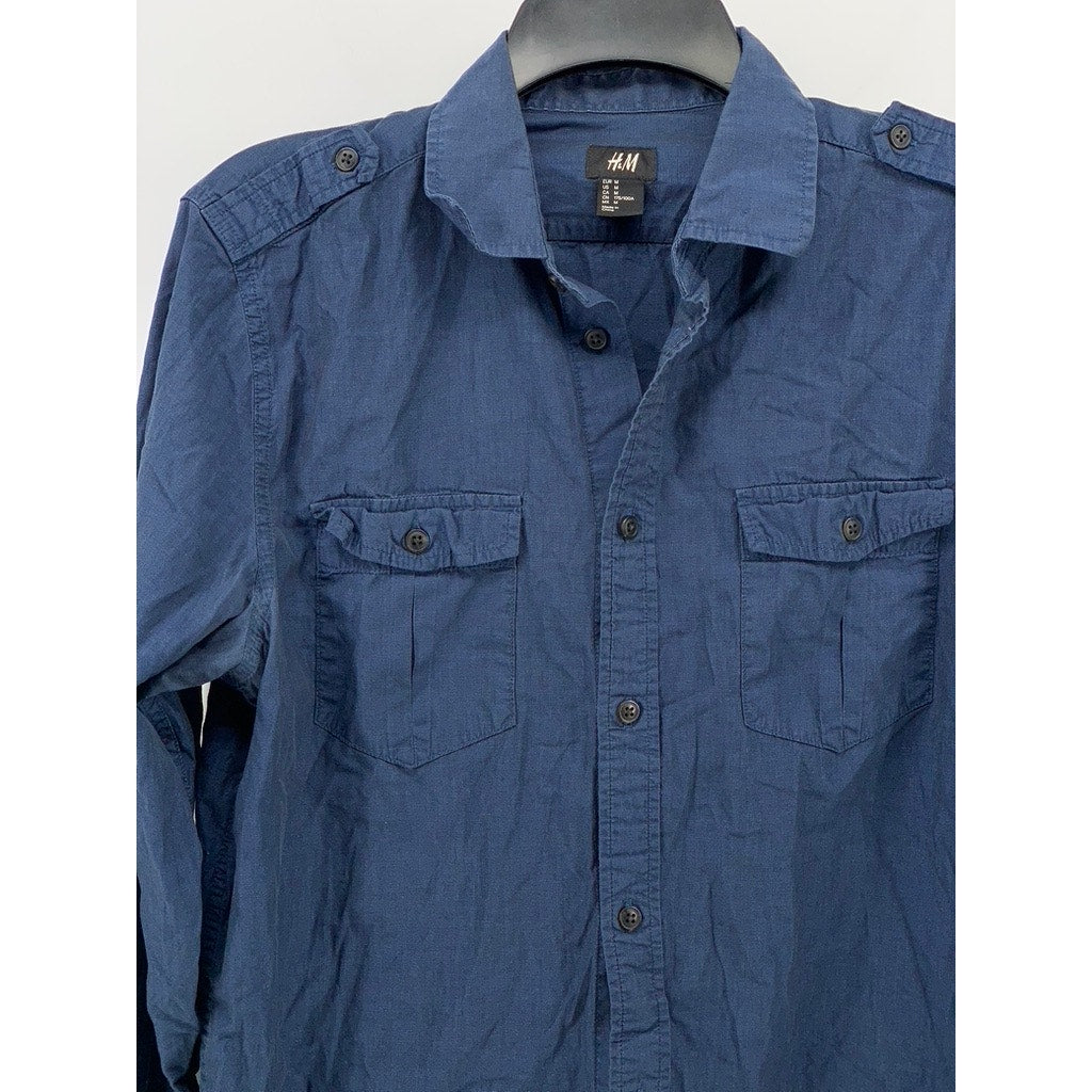 H&M Men's Blue Double-Pocket Regular-Fit Button-Up Long Sleeve Shirt SZ M